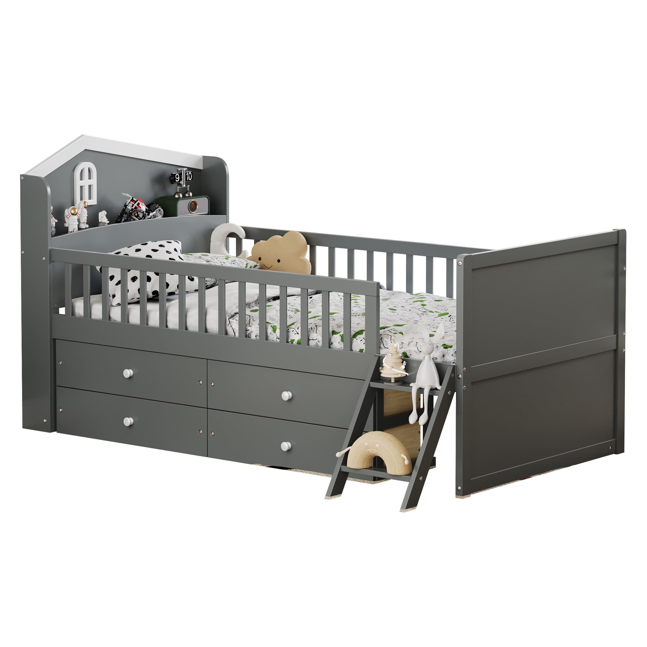 Noble House Twin Bed Frame with 4 Storage Drawers, House Headboard and Guardrails, Gray