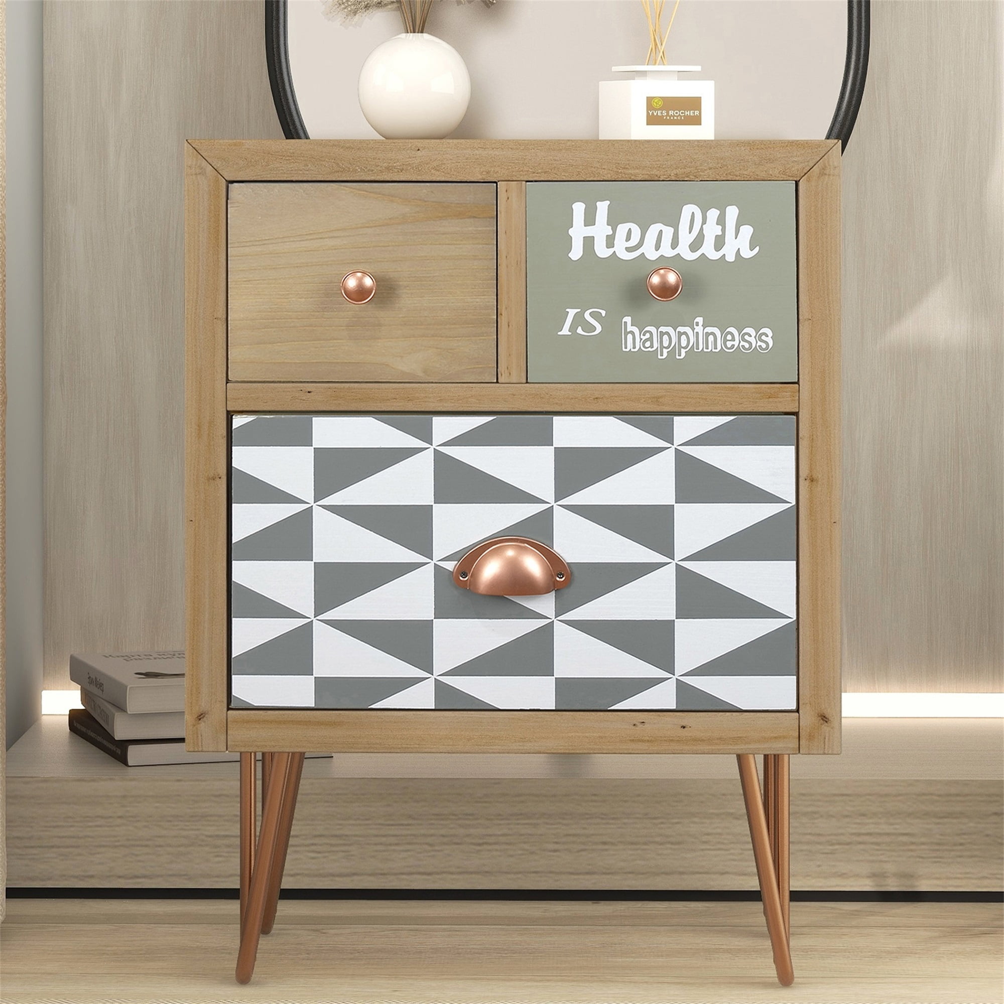 Spaco Nightstand with 3 Drawers Metal Feet Bedside Wooden Table, Natural Spaco Nightstand with 3 Drawers Metal Feet Bedside Wooden Table, Natural