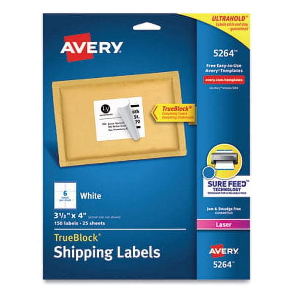 Avery 5264 Shipping Labels with TrueBlock Technology, Laser, 3 1/3 x 4, White, 150/Pack