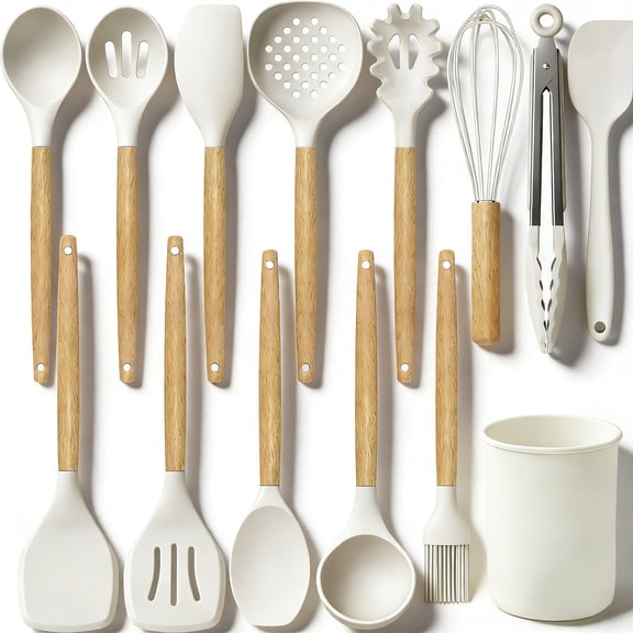 cisilov 14-Piece Silicone Cooking Utensils Set, Non-Stick Kitchen Utensil Set for Baking, Flipping, Mixing, White