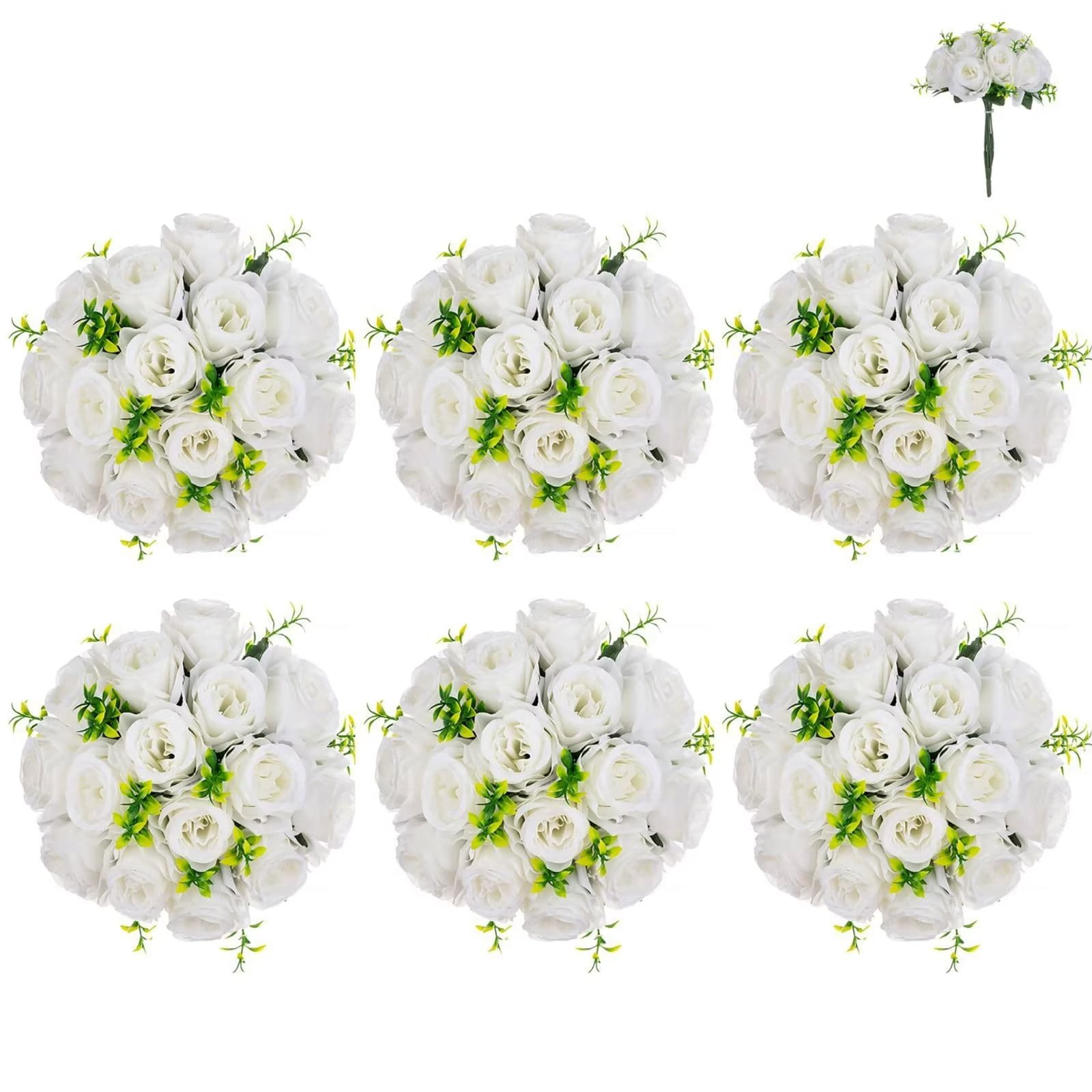 Artificial White Roses Bridal Bouquet for Wedding Centerpieces 6 pcs 15