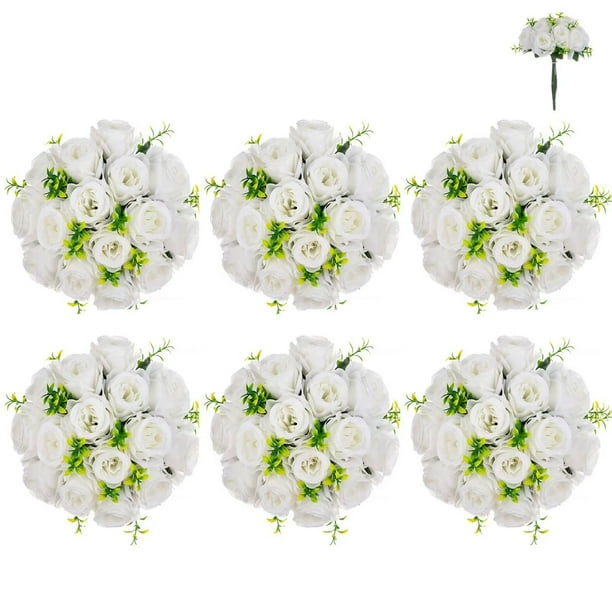Artificial White Roses Bridal Bouquet for Wedding Centerpieces 6 pcs 15