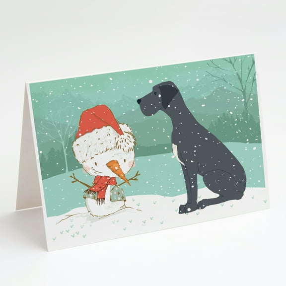 Black Great Dane and Snowman Christmas Greeting Cards and Envelopes Pack of 8