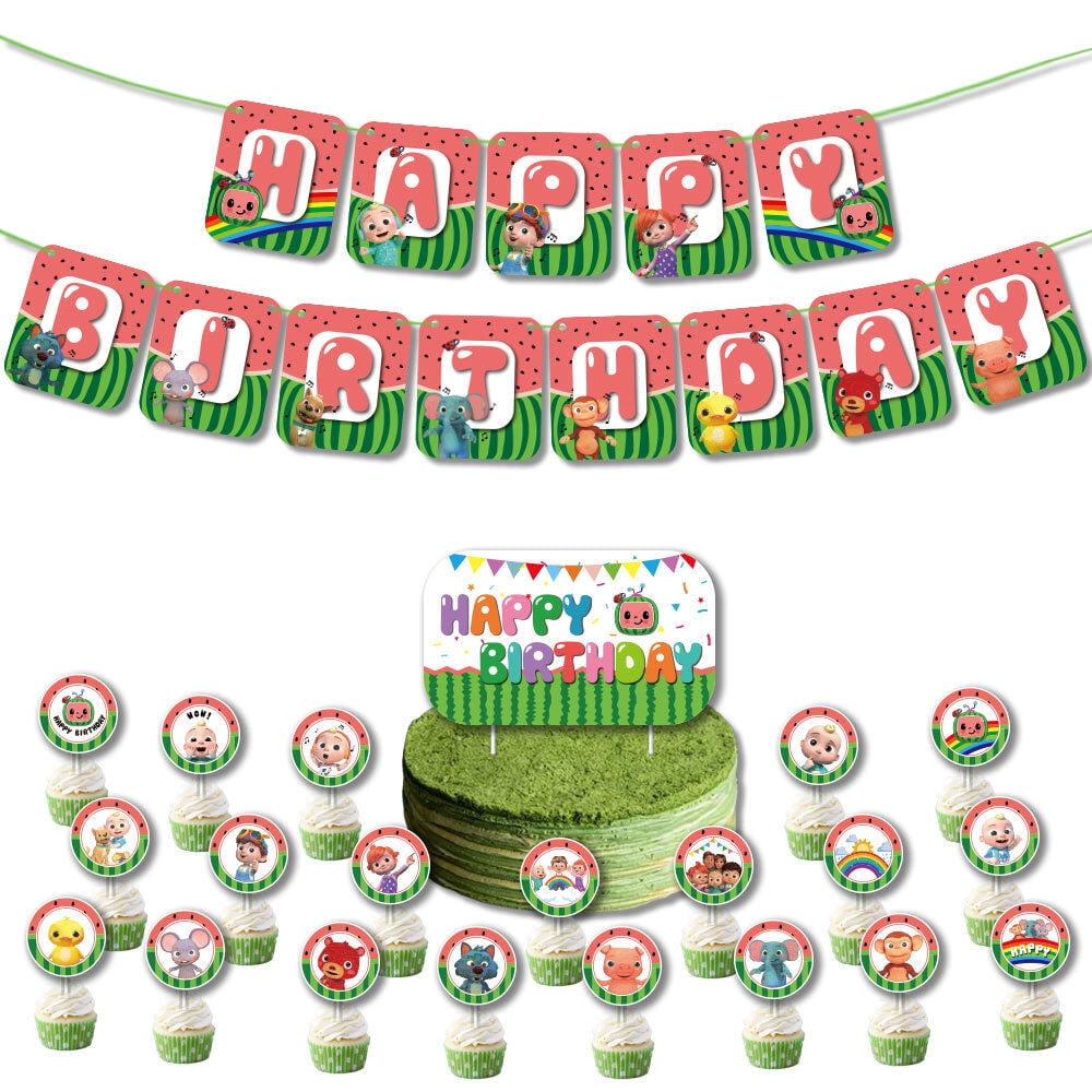 Cartoon Theme Birthday Party Decoration Watermelon Banner Cake Topper Set Children 3th 4th 5th