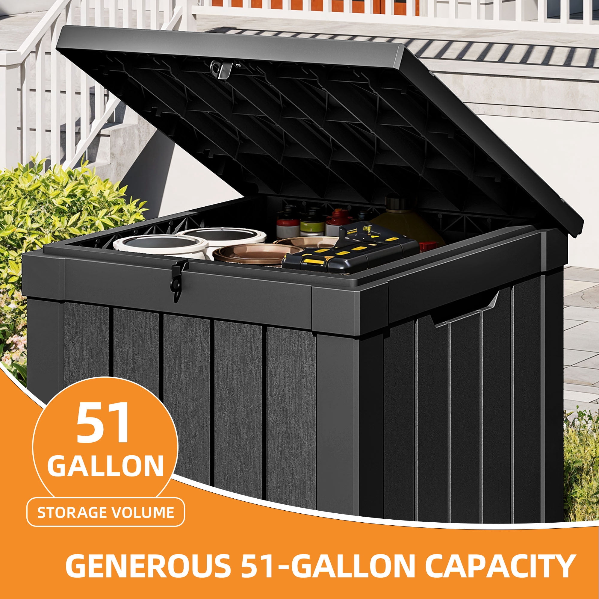 Uforic 51 Gallon Resin Outdoor Deck Box, Waterproof Lockable Storage Box with Side Handles for Patio Garden Pool, Black