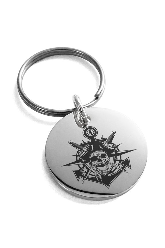 Stainless Steel Jolly Roger Pirate Skull Anchor Engraved Small Medallion Circle Charm Keychain Keyring