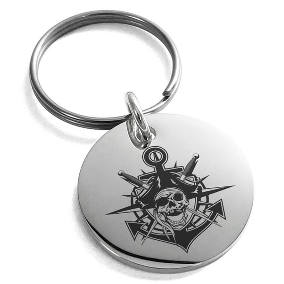 Stainless Steel Jolly Roger Pirate Skull Anchor Engraved Small Medallion Circle Charm Keychain Keyring