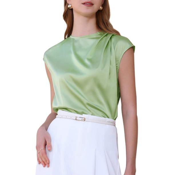 Blusa de satén sin mangas con cuello redondo y hombros plisados para oficina de mujeres Inspire Chic XL Verde