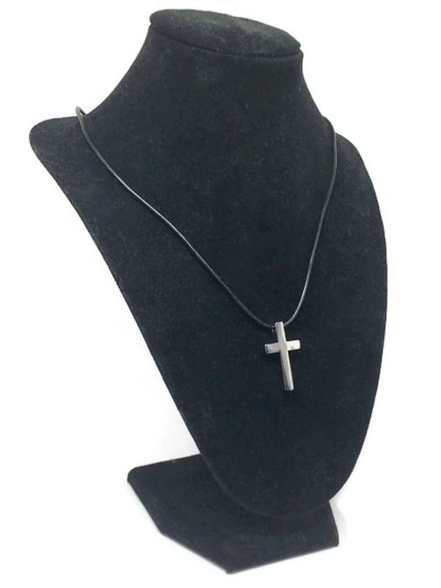 Small Mens Stainless Steel Cross Pendant on Black Leather Cord - 18 Inch