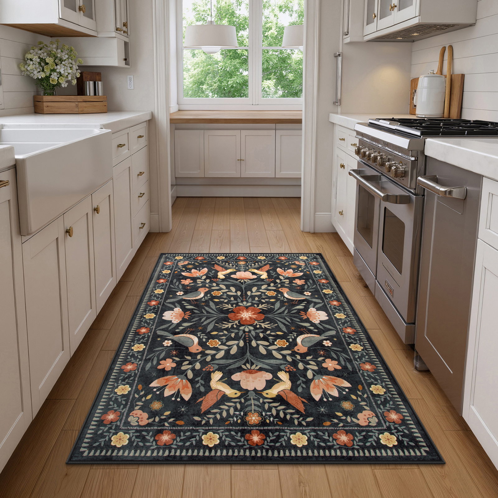 Lahome Decor 3'x5' Boho Bird Area Rugs,Floral Rug for Living Room Machine Washable,Soft Indoor Carpet,Non-Slip Low Pile for Bedroom Entrance Kitchen Office,Black