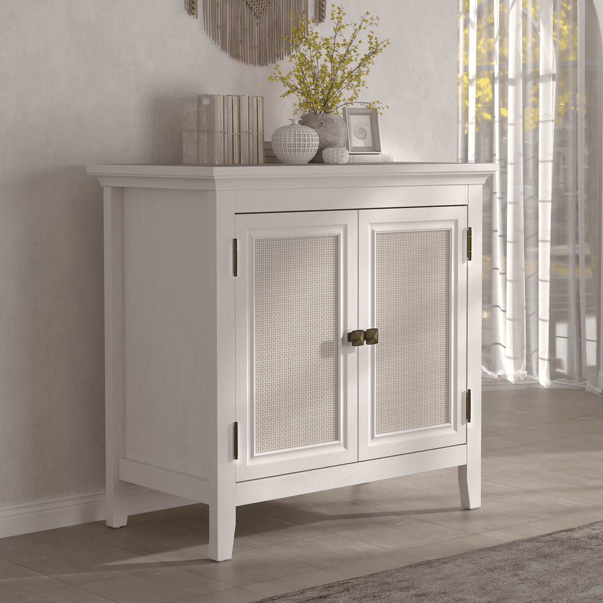 TrumanPick 3-Shelf Storage Cabinet with Rattan Decor Doors, Adjustable Shelf Sideboard Buffet for Kitchen, Hallway, Living Room, White