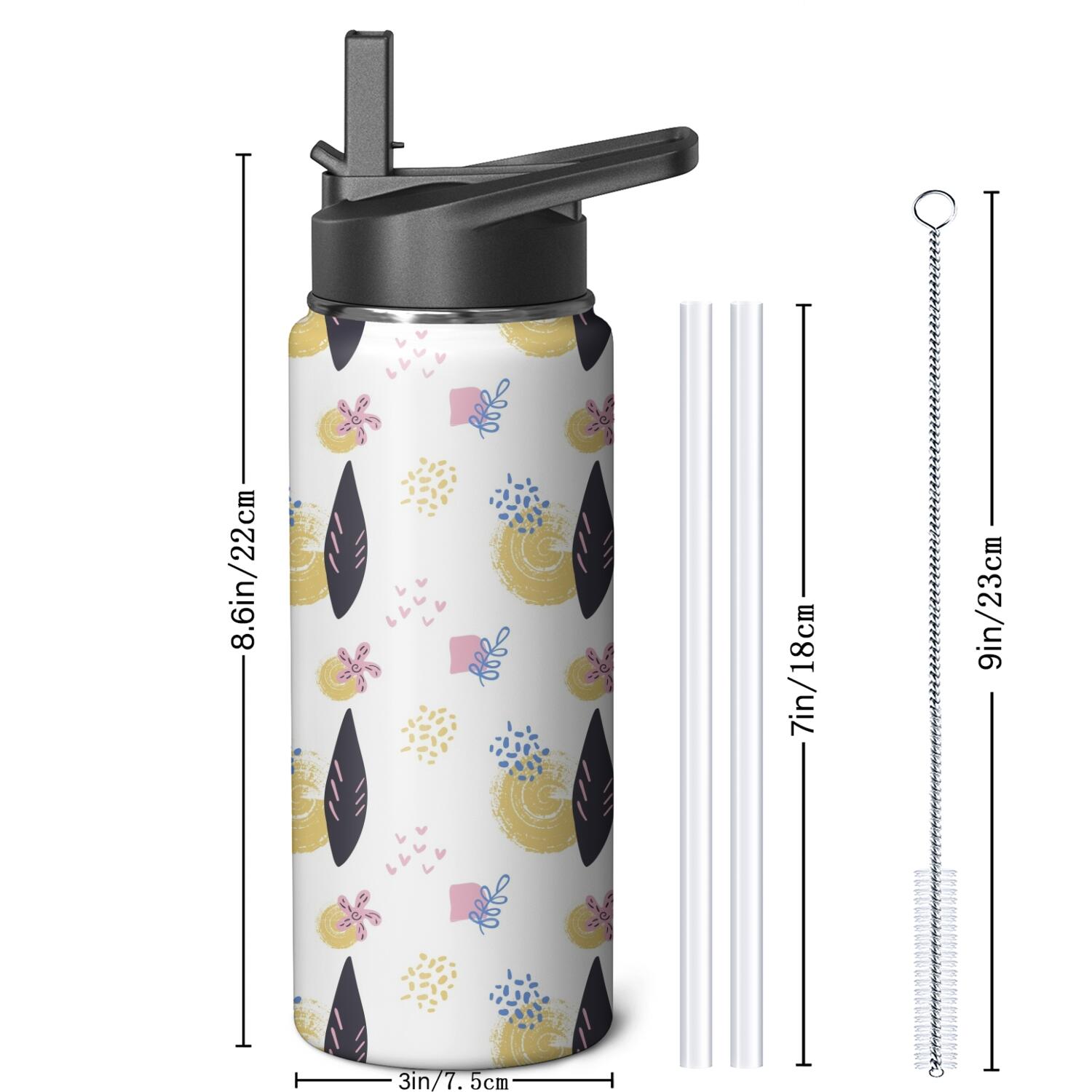 Modern 18 oz Insulated Stainless Steel Water Bottle with Straw & Cleaning Brush , Leakproof, BPA-Free, 304 Stainless Steel, Wide Mouth, Travel Mug for Car, Gym, Office