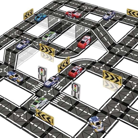 SKTMYY Magnetic Tiles Road Set, STEM Building Toy with Pullback Car and Road Accessories