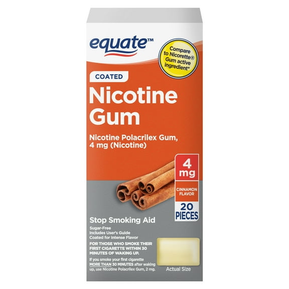 Equate Nicotine Polacrilex Coated Gum 4 mg, Cinnamon Flavor, Stop Smoking Aid