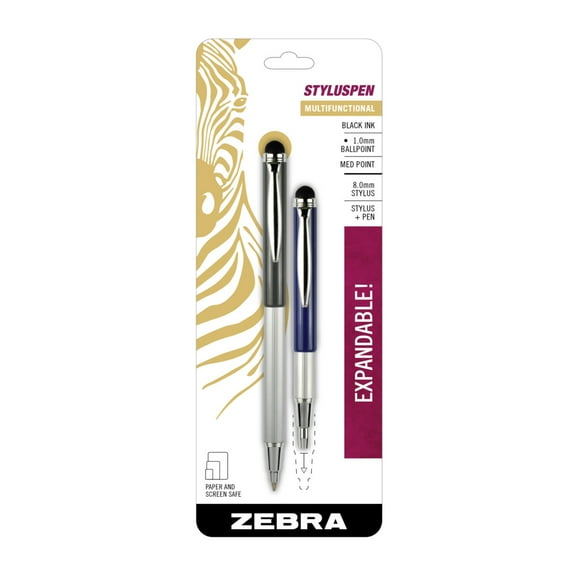 Zebra StylusPen Telescopic Ballpoint Pen, Medium Point, 1.0mm, Black Ink, Grey and Navy Barrels, 2-Count