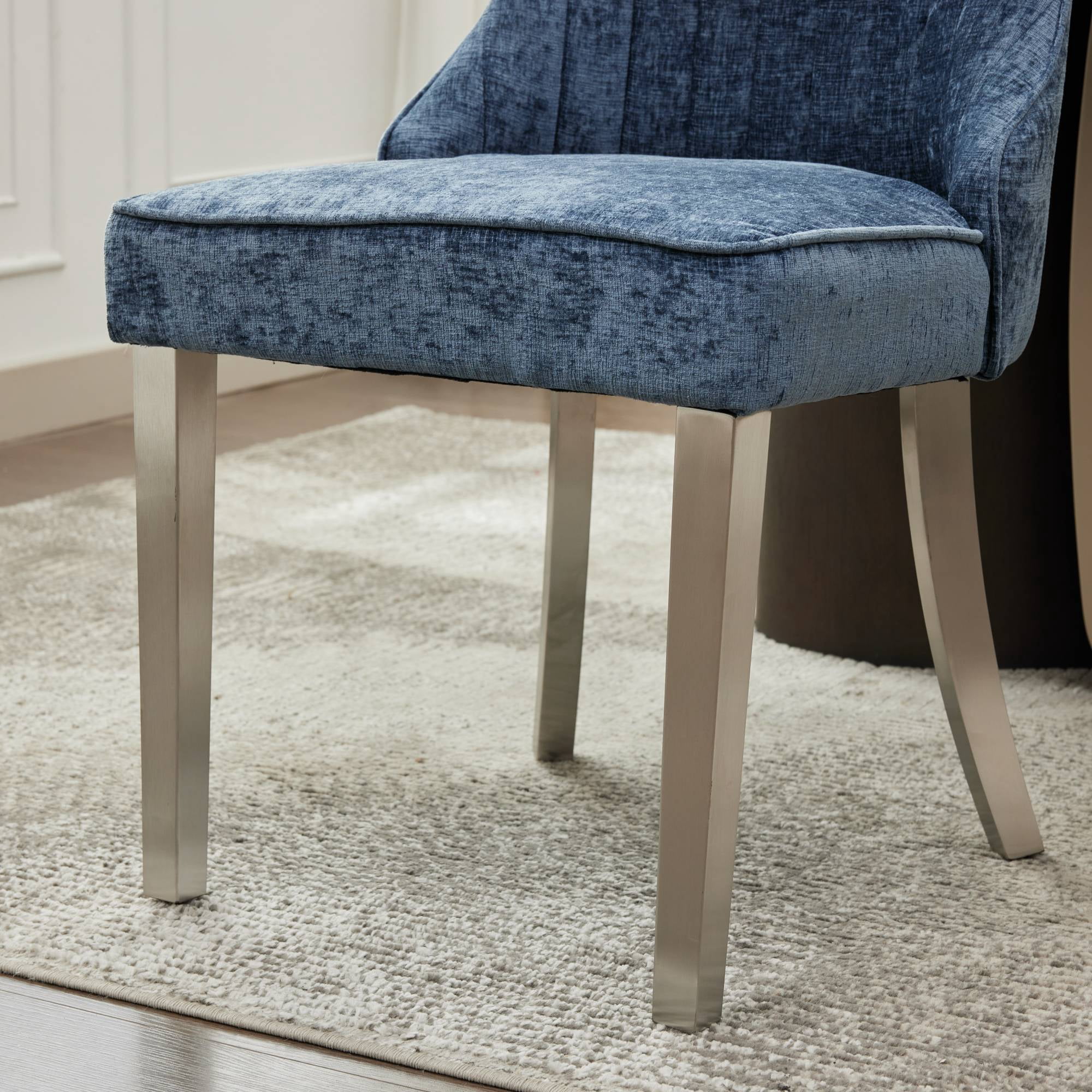 Aukfa Modern Chenille Dining Chairs Set of 2, Upholstered Kitchen Side Chair Accent Chair w/ Stainless Steel Legs,Blue