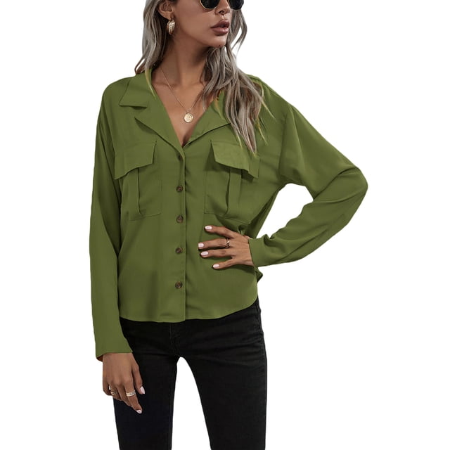 VISgogo, blusas de chifón salvaje a la moda para mujer, camisa de un solo pecho con cuello vuelto de Color sólido, Tops informales de manga larga para oficina para mujer VISgogo moda