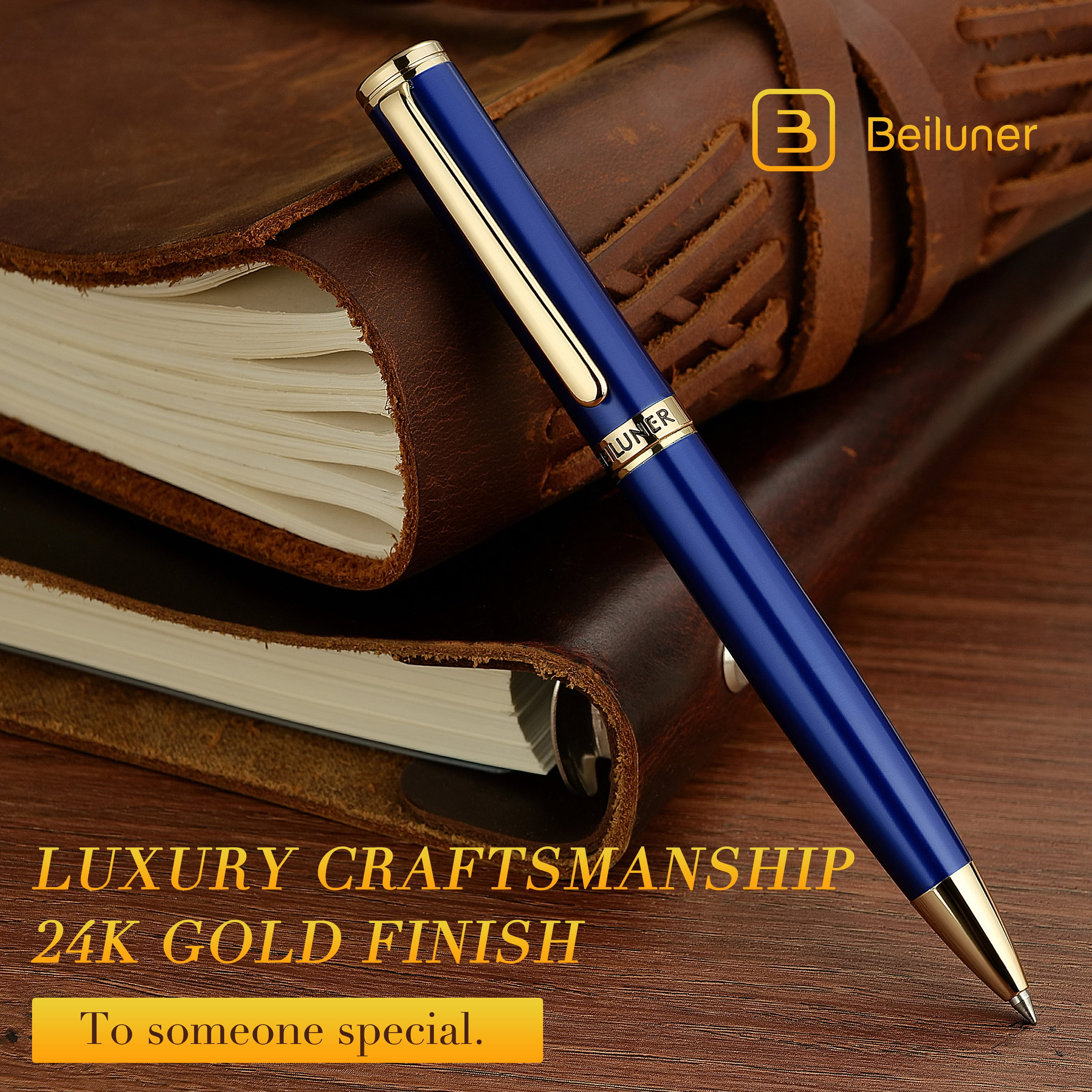 BEILUNER Luxury Gel Pens,Klein Blue Pen Barrel with 24K Gold Finish,Classic Leather Box-Best Pen Gift Set for Men & Women Professional, Executive, Office, Retractable Nice Fancy Designer Pens