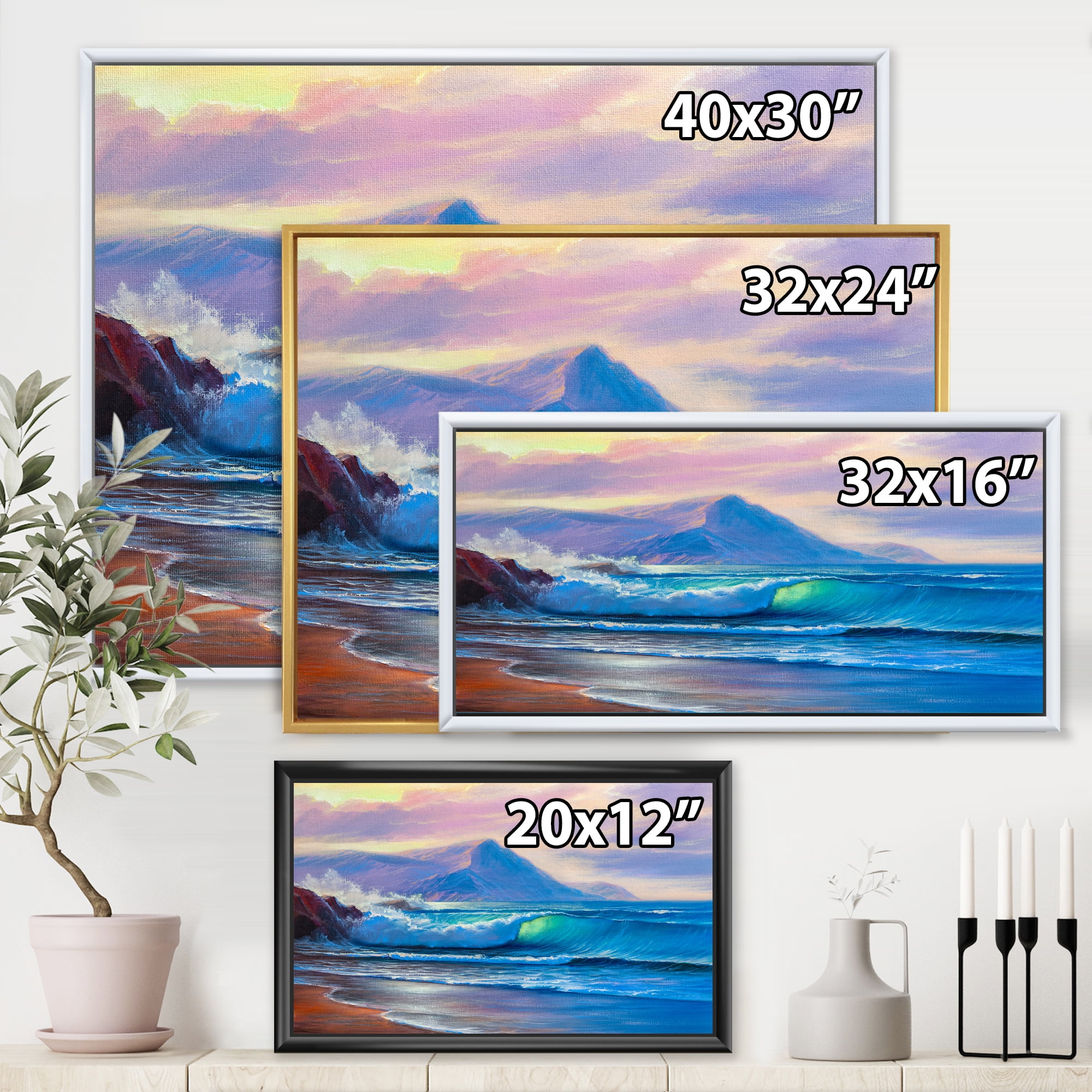 Designart 'Blue Waves Breaking At The Beach Landscape I' Nautical & Coastal Framed Canvas Wall Art Print