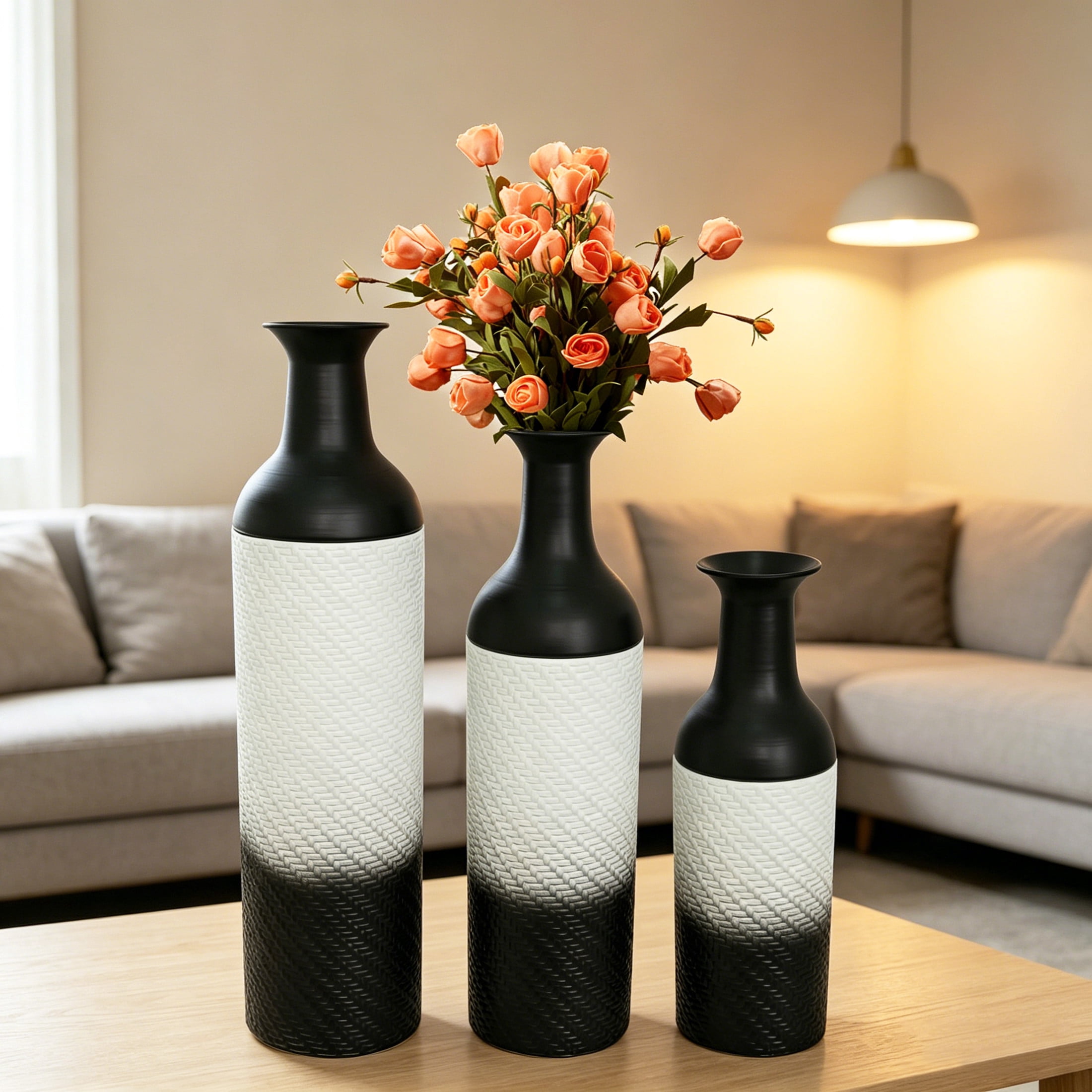 Noble House Set of 3 Decorative Metal Floor Vases, Tall Woven Pattern Vases for Home Decor, Black+White
