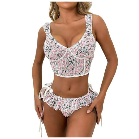 

Lirclo Sexy Women Lingerie Temptation Floral Chiffon Ruffles Bandage Babydoll Underwear Panties Underpants Sleepwear Suit White S