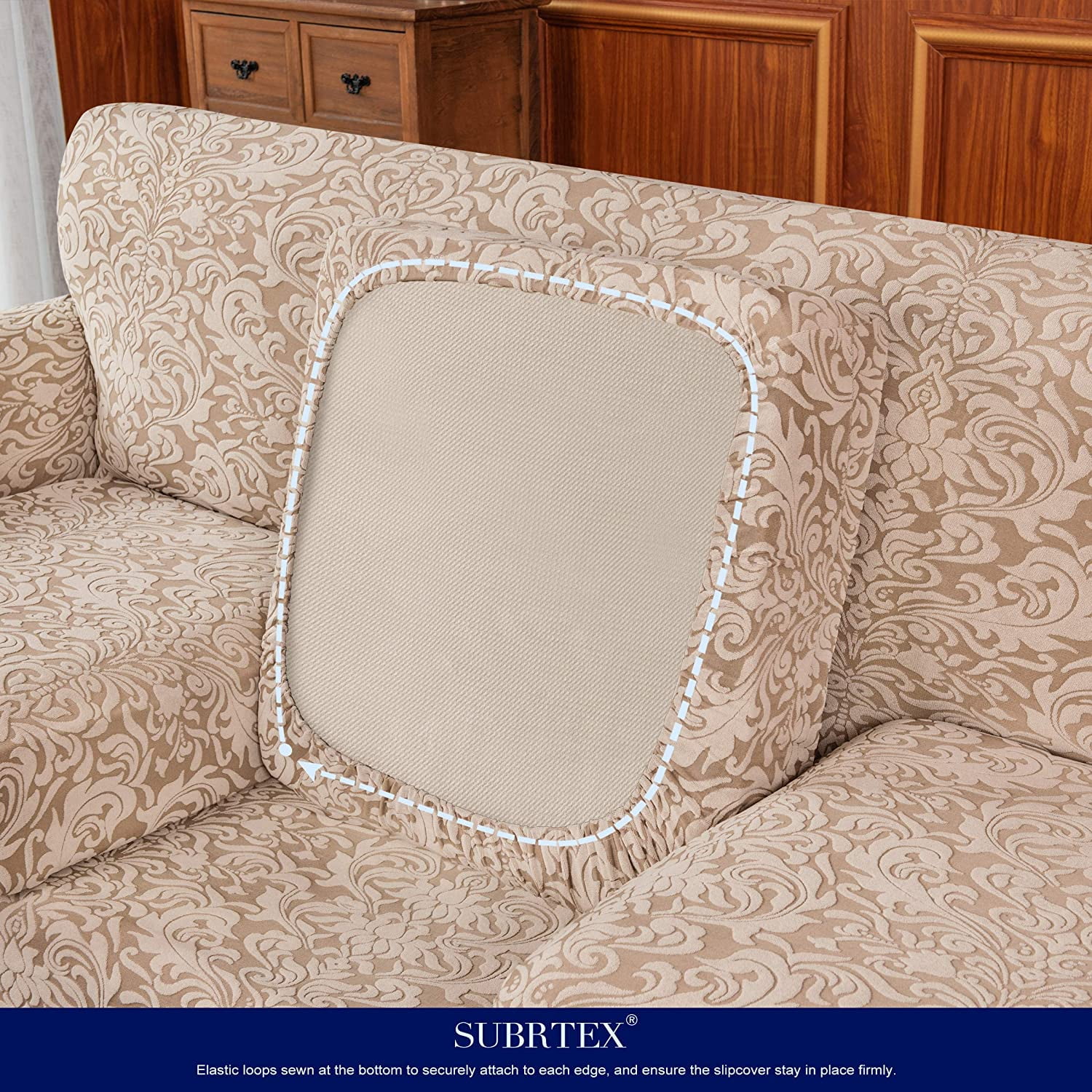 Subrtex Stretch 4-piece Jacquard Damask Sofa Slipcover, Separate Cushion Cover(Sofa, Oatmeal)