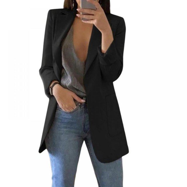 Womens Open Front Blazer Long Sleeve Solid Slim Fit Work Office Cardigan Jacket S-XXL