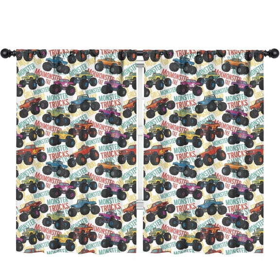 Blackout Kids Curtains,Monster Cartoon Truck White Pattern Children's Insulated Curtains Set Of 2,Bedroom Essentials,Toddler Room Decor 52"x84"