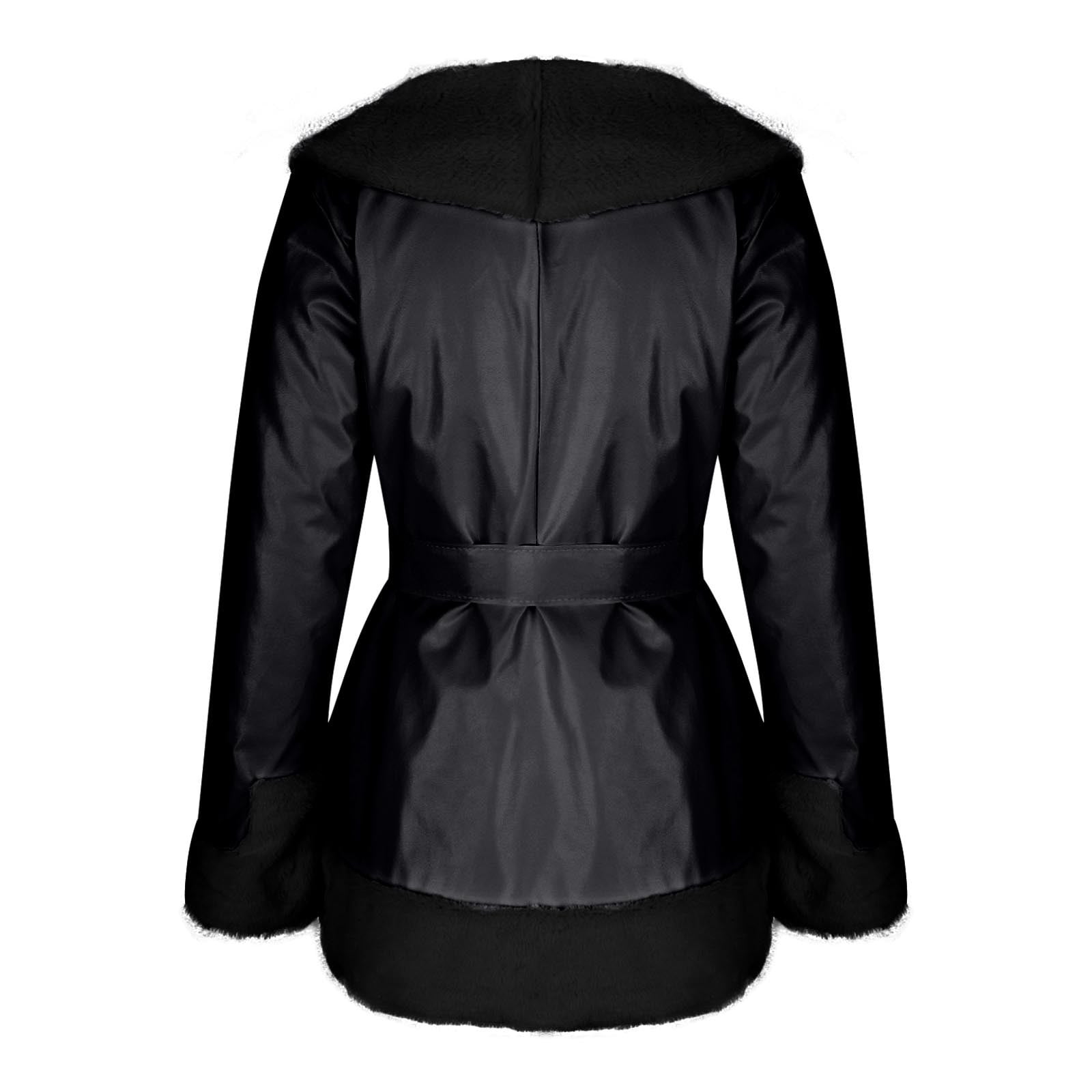 ZQUUVOU Women's Faux Leather Jacket with Faux Fur Collar Fall Winter Trendy Long Sleeve Furry Trim Parka Coat with Belt Black