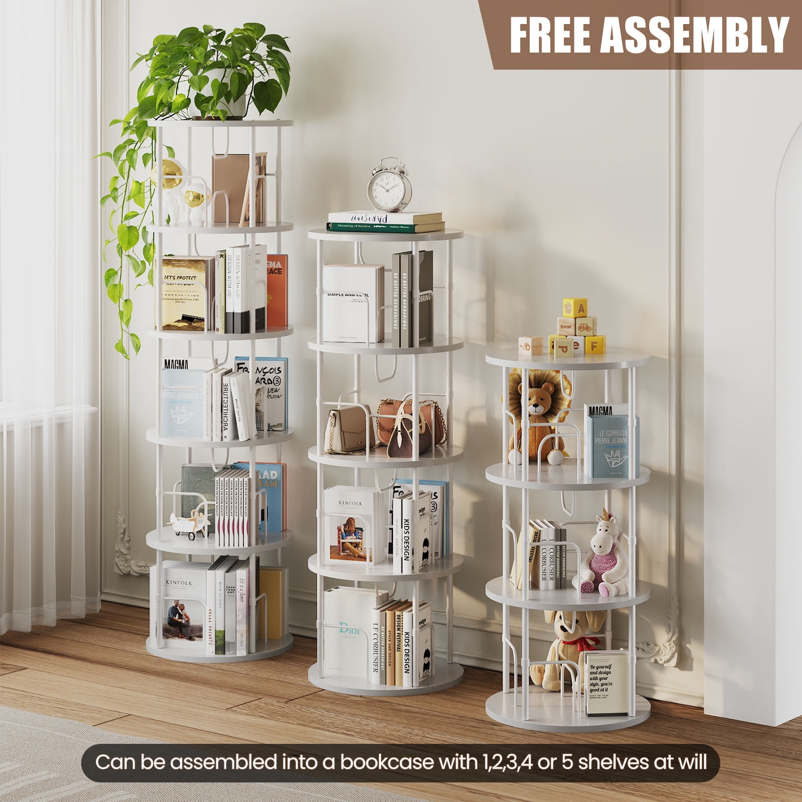 Flycity 5 Tier Rotate Bookcases, 360° Display Corner Shelf Spin Bookcases with Special Visible Partition Storage, White