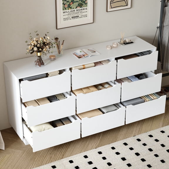 Noble House 63" Wide 9-Drawer Dresser, Storage Chest with Handleless Design for Bedroom, Living Room, White