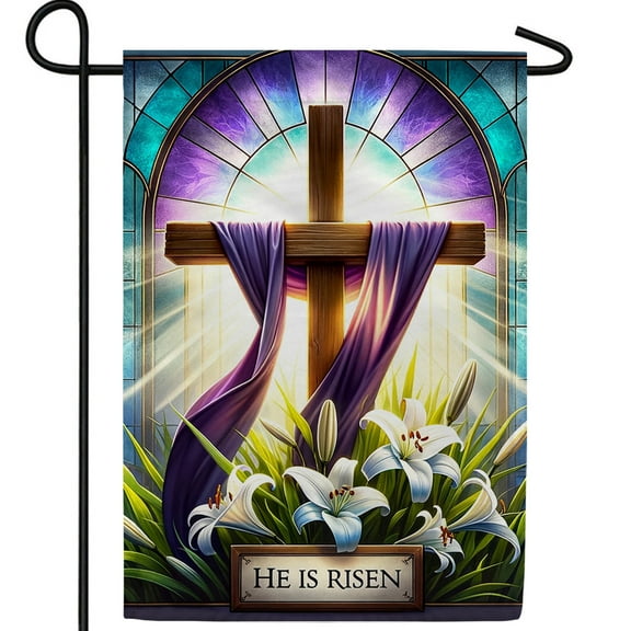 America Forever He is Risen Spring Easter Garden Flag, 12.5 x 18 inch Double Sided, Easter Cross and Lilies, Religious Easter Day Flag Christian Home Decor for Spring Outdoor and Outside Decoration