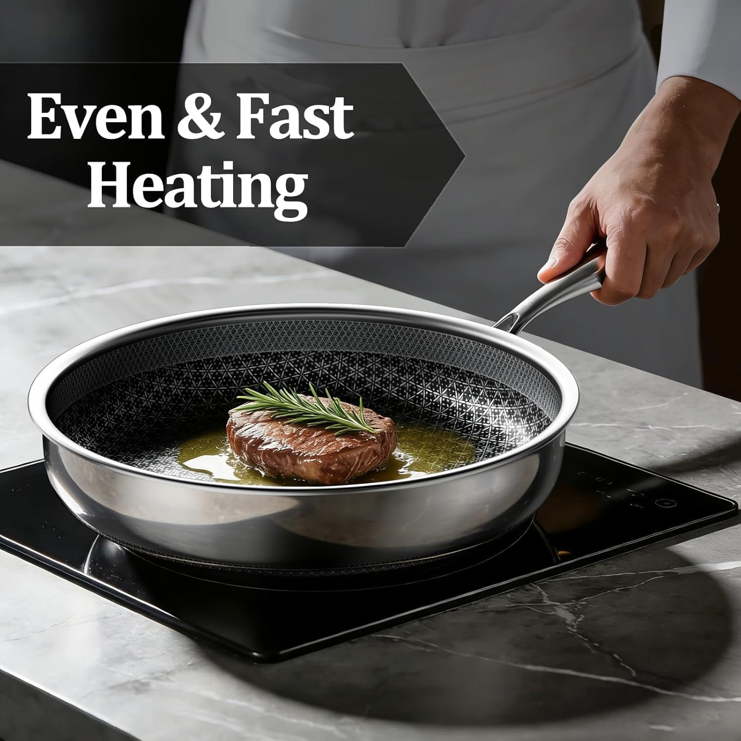 12-Inch Hybrid Non Stick Frying Pan with Tempered Glass Lid, 5-Ply Induction Cookware, Stainless Steel Dishwasher Safe Oven Up to 800F