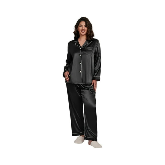 WTOBBY Plus Size Pajama Set for Women 3X-6X Loose Fit V-Neck Top & Soft Pants Comfortable Sleepwear Cozy Home Loungewear Nightwear Lounge Set,Black 2XL