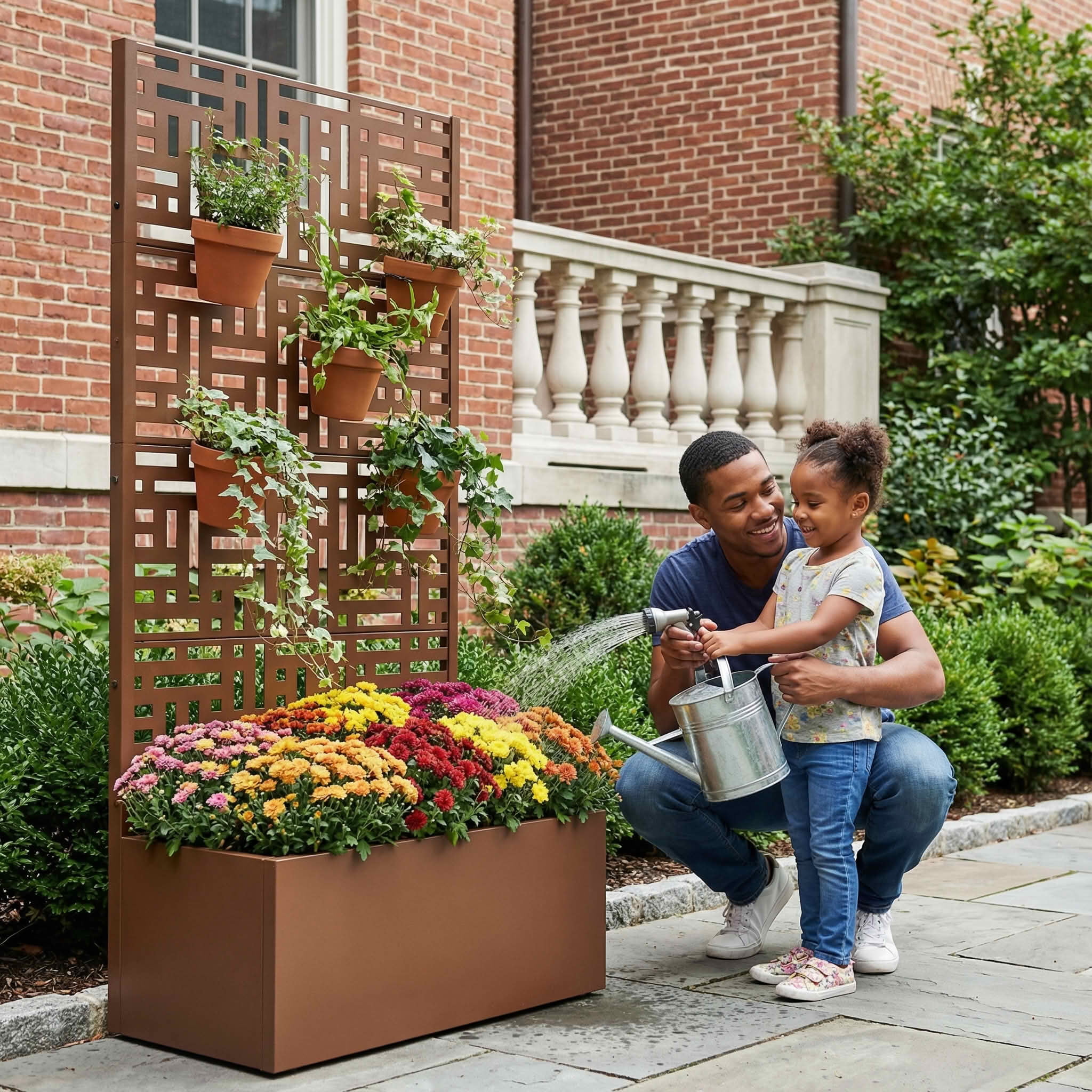 MAYEERTY 59X30" Metal Outdoor Brown Privacy Screen with Planter Box for Backyard & Garden, 4 Piece Set