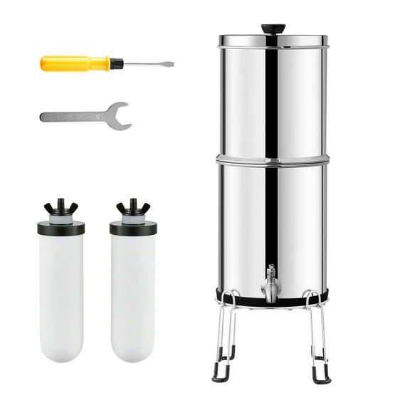 KFFKFF Water Purification Unit, Gravity-Driven, 2.25G 304 Stainless-Steel Tabletop Water Cleaner, Minimizes Lead and up to 99% of Chlorine, Includes 2 Ceramic Carbon Filters, Faucet, and Support