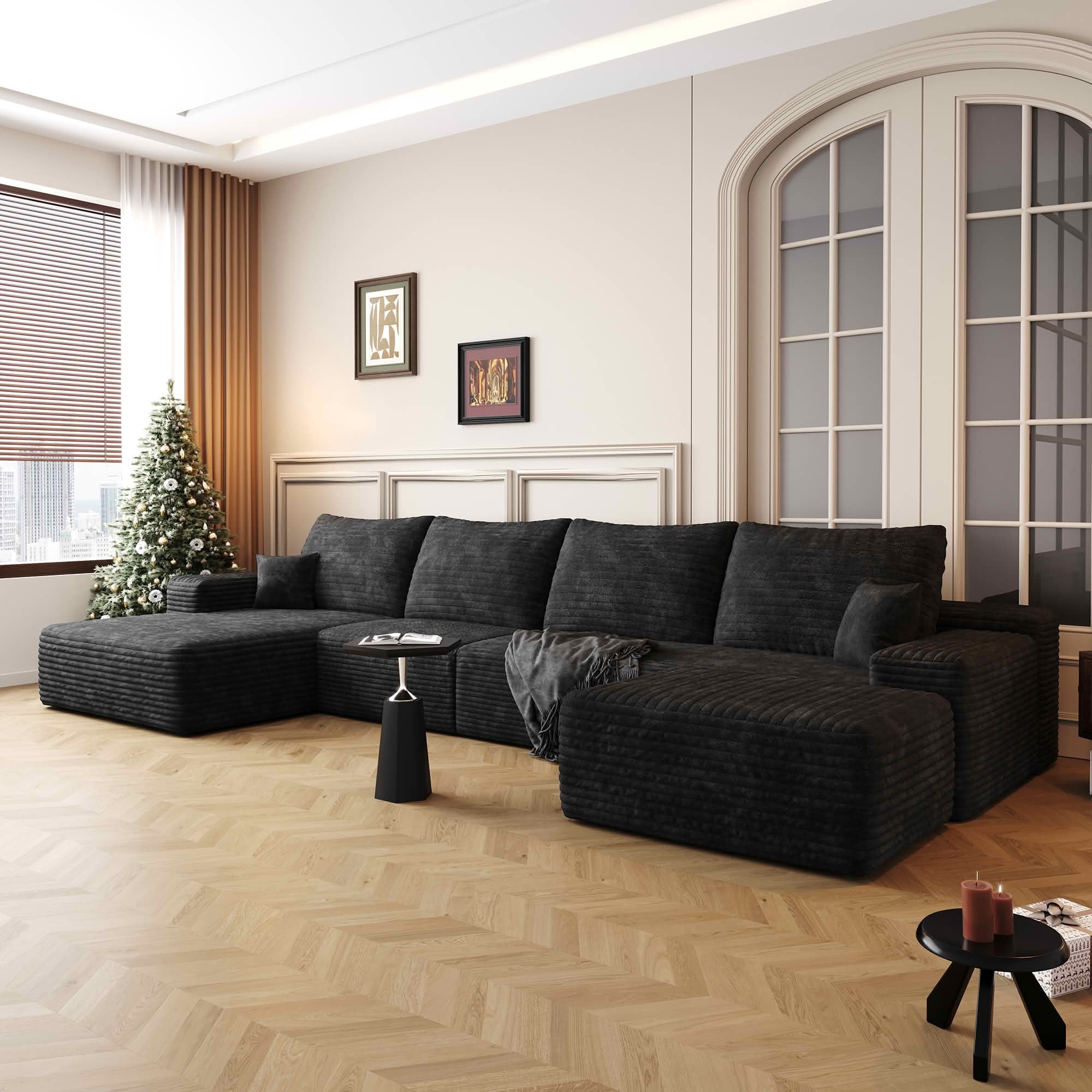 MAYEERTY 135" Cloud Sectional Sofa with Ottoman, U Shaped Deep Seat Couch, Plush Corduroy Fabric, No Assembly Required, Black