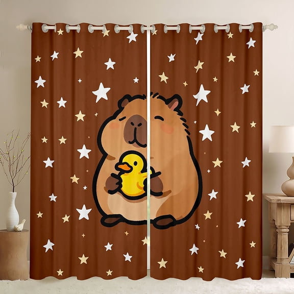 Manfei Children Kids Cute Capybara Yellow Duck Black Out Curtains,Stars Print Curtains Pack of 2 (42x63 Each),Cartoon Animal Bedroom Curtains,Super Cozy Room Decor