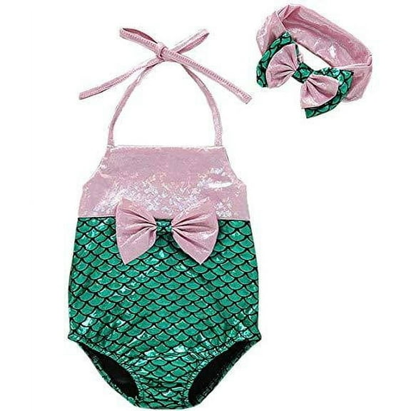 Styles I Love Infant Baby Girls Metallic Mermaid One-Piece Swimsuit Green Bathing Suit Beach Swimwear with Headband 2pcs Set (90/12-18 Months)