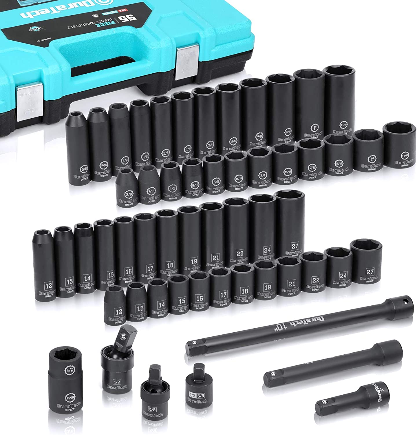 DURATECH 55-Piece Socket Set, 1/2''  Point Impact Socket Set,  Accessories Included, 24 Both Standard Impact Sockets and Deep Impact  Sockets in SAE (3/8'' to 1-1/16'')  Metric (12 to 27mm)