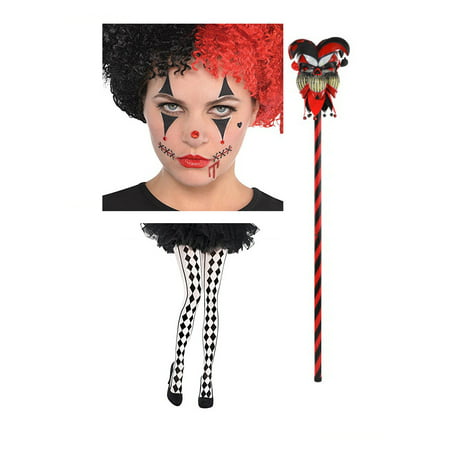 Amscan Harlequin Costume Bundle Clown Face Jewelry Kit, DIamond Print Tights and Krazed Jester