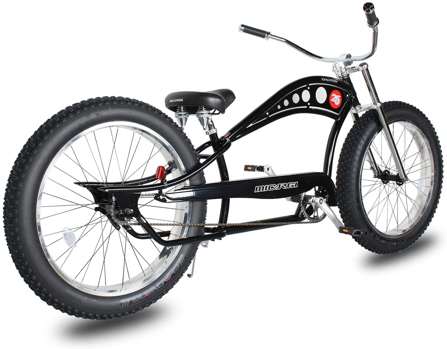 WonderWheels 26" Stretch Cruiser Coaster Brake Triple Tree Fork, Handlebars Moon Bar, Alloy Polish Rims. 26x3.0 26H Black Tire - Black