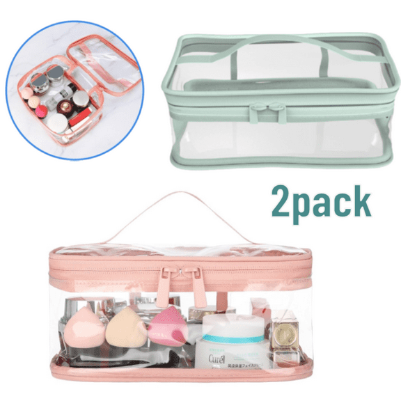 Large Clear Makeup Bag Big Travel Cosmetic Bag On-the-go Toiletry Bag with Handle Transparent Toiletries Bags Pouch for Purse Orangizer for Daily Essentials 2 Pack