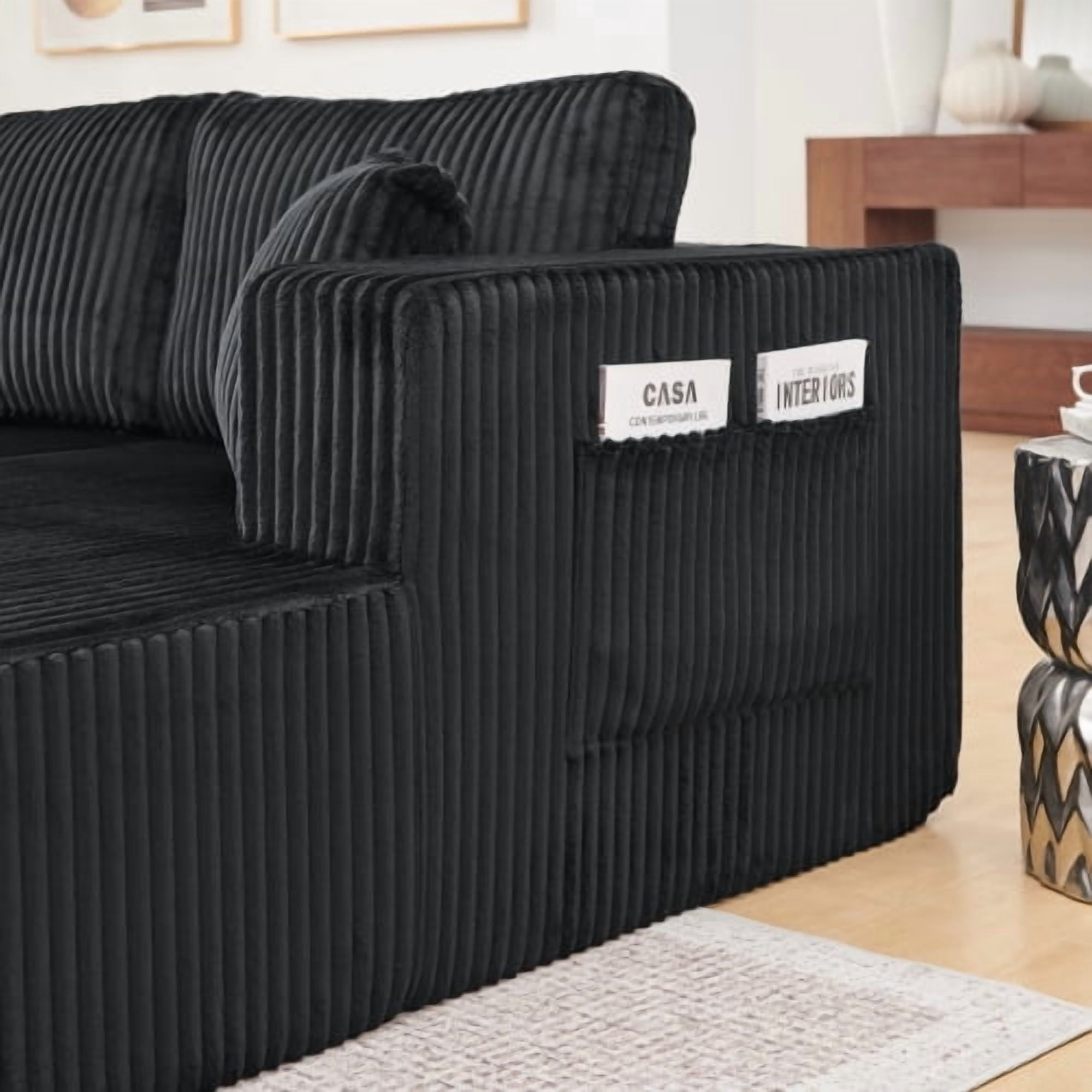 132" U-Shaped Modular Sectional Sofa, Compressed Cloud Couch with Side Pockets, Corduroy Memory Foam Sleeper Sofa, No Assembly Required, Black