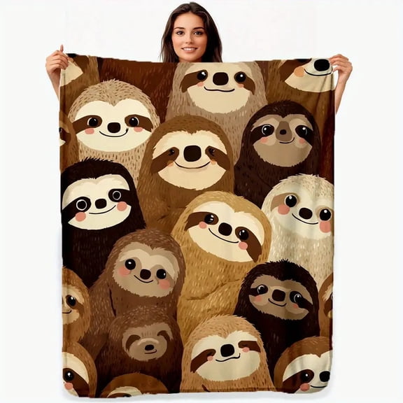 Sloth Print Blanket Soft Cozy Sloth Plush Blanket All Season Bedspread with Sloth Face & Brown Beige Tones Cute Bedding or Couch Throw Machine Washable Indoor Outdoor