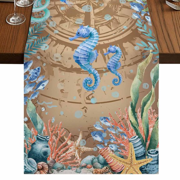 Table Runners 72 Inches Long Dress Scarves, Seahorse Coastal Farmhouse Kitchen/Dining Table Runner, Coffee Tablerunners, Summer Nautical Starfish Coral Brown Anchor 14x72 Inch
