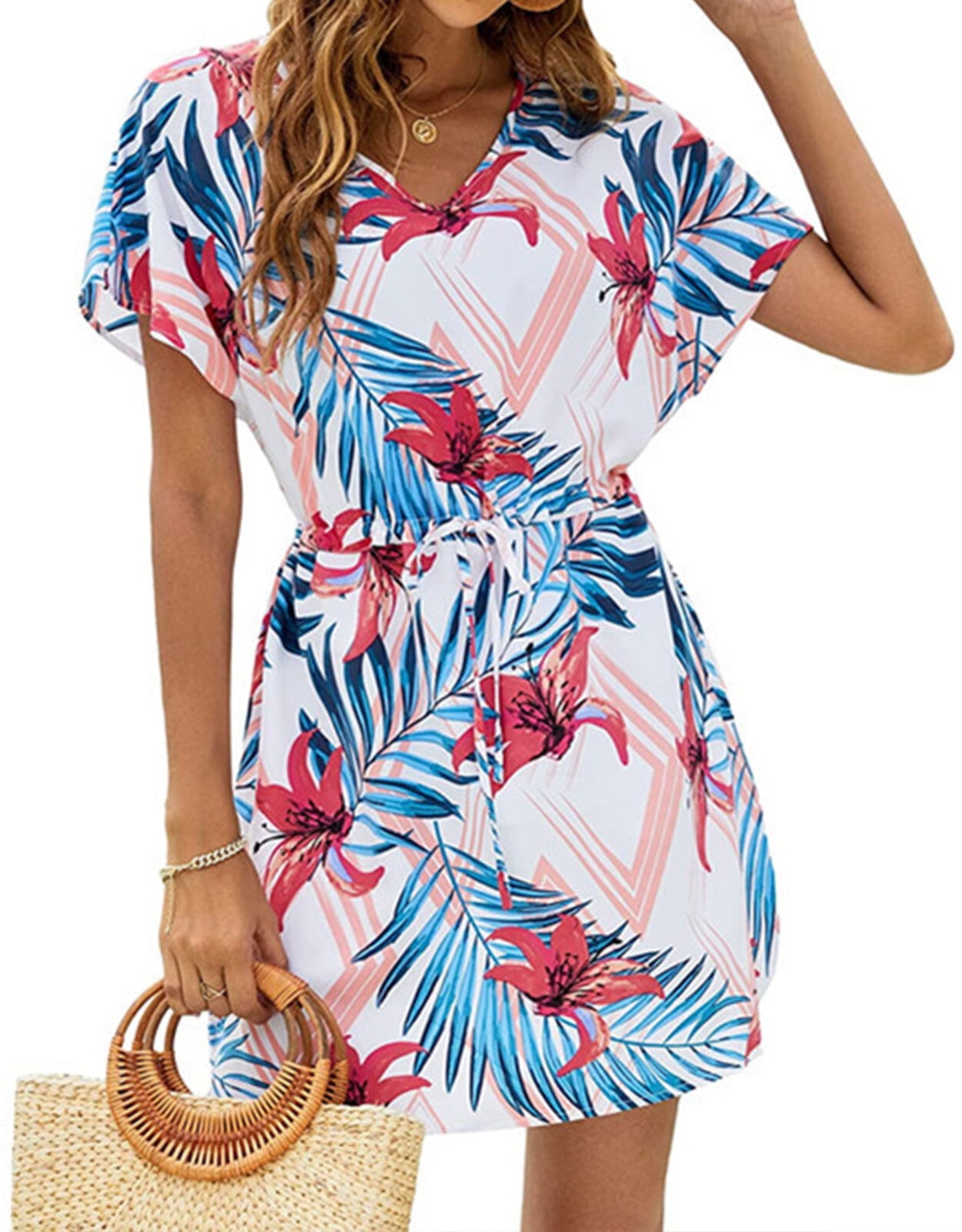 Bathing Suit Cover Ups for Women Elegant Tropical Print VNeck Swimsuit