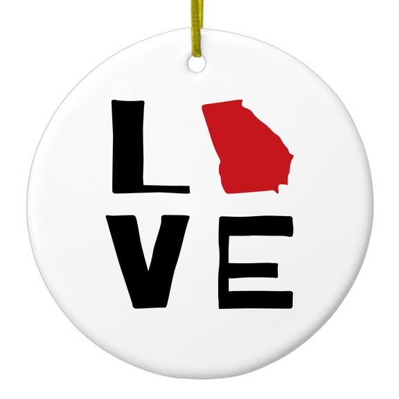 DistinctInk Hanging Ceramic Christmass Tree Ornament with Gold String - Great Gift / Present - 2 3/4 inch diameter - Georgia - Love Black & Red