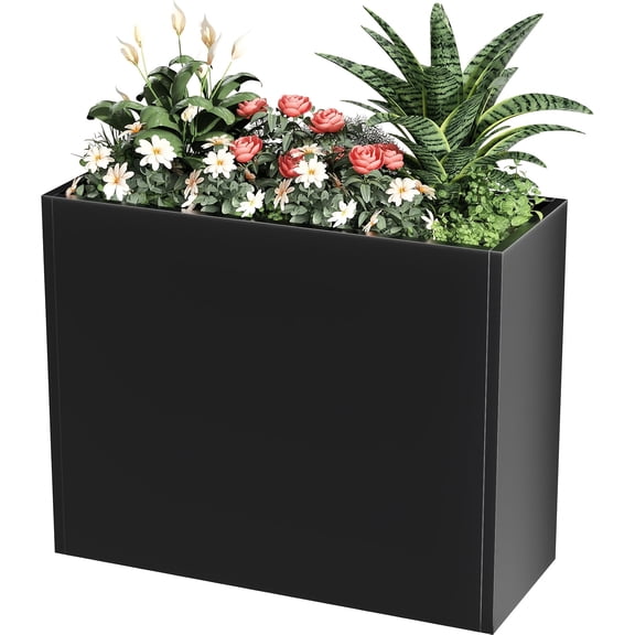 Large Heavy-Duty Metal Outdoor Planter Box, Tall Rectangle Rustproof Garden Planter with Removable Shelves, Black Polished Edges for Patio Porch Yard