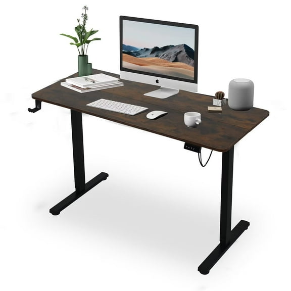 YRLLENSDAN 48 IN Electric Standing Desk Adjustable Height, Modern Computer Table with Headset Rack, Ergonomic Office Desk with 2 Memory Function, Brown